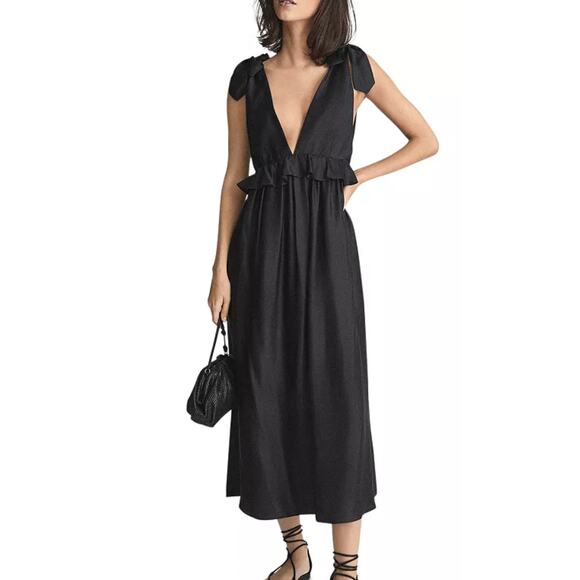 REISS Laura Plunge Neck Taffeta Ruffled Midi Dress Black 10